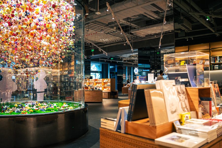 Interior of Tsutaya Bookstore, a Japanese-style bookstore inside Zhongzhou Bay C Future City with charming décor. 
